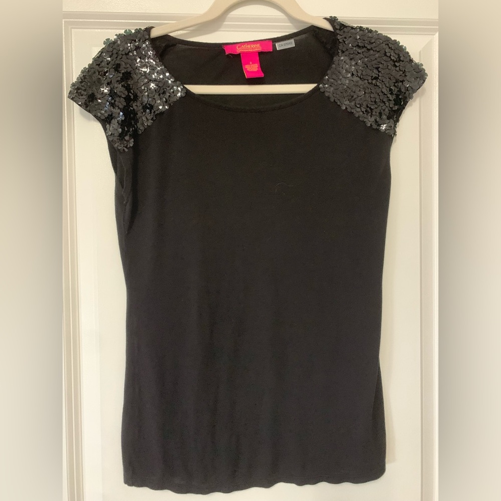 Catherine Malandrino Black Short-Sleeve Top with Sequin Shoulders